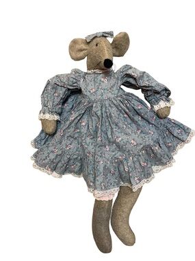 Vtg Handmade Primitive Country Fabric Mouse With Floral Dress And Hair bow 27”